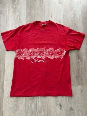 Vintage 1990s Hawaii Hibiscus Flower Art Graphic T Shirt XL Red Made In USA Rare